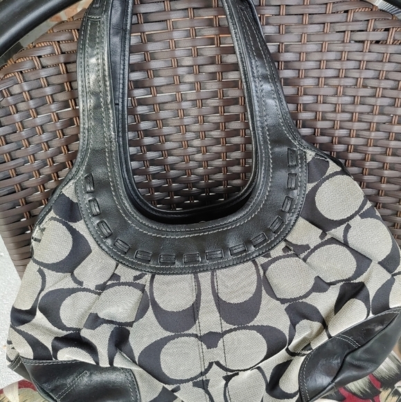 VINTAGE AUTHENTIC COACH SIG C JACQUARD & LEATHER FRAMED SATCHEL TOTE  HAND BAG - Picture 3 of 7